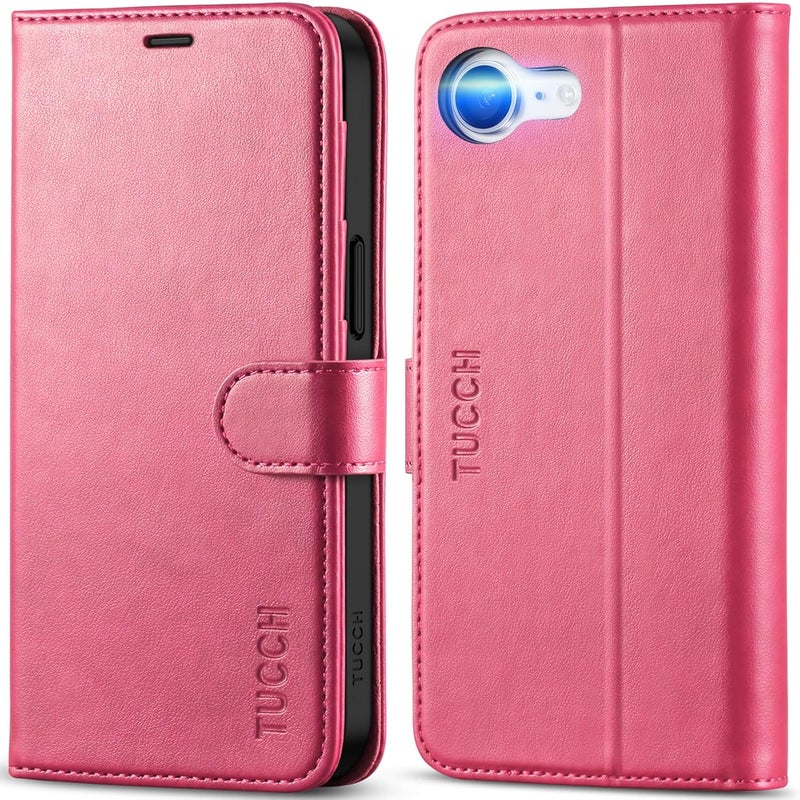 TUCCH Wallet Case for iPhone 16e, Kickstand PU Leather Magnetic Protective Flip Cover with [RFID Blocking] [4 Card Slots] [TPU Interior Case] Compatible with iPhone 16e 6.1" 5G, Hot Pink - Image 1